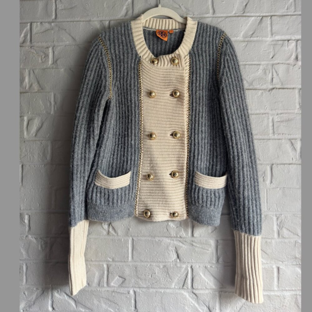 Tory Burch Wool Sweater - Size Small - Grey Double Breasted - Classic & Cozy!